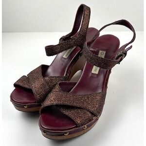 L'Autre Chose Wood Clog Wedge‎ Heel Plum Bergundy Glitter Strap Studded Italy 36